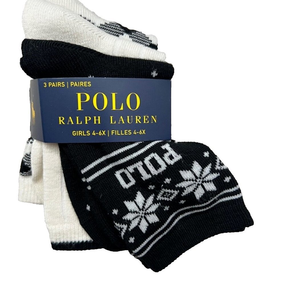 Polo Ralph Lauren Girls 3 Pairs Socks Logo Snowflakes Black / Off White